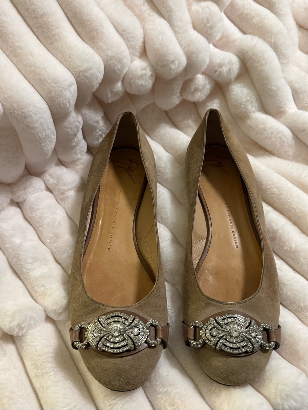Giuseppe Zanotti Taupe Suede Flats with Crystal Emblem